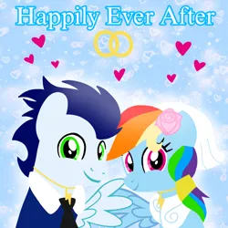 Size: 1400x1400 | Tagged: safe, artist:mlplary6, derpibooru import, rainbow dash, soarin', pegasus, pony, bride, clothes, dress, female, flower, flower in hair, groom, heart, husband and wife, image, jewelry, looking at you, love, male, mare, marriage, married couple, png, ring, shipping, smiling, smiling at you, soarindash, stallion, straight, text, tuxedo, wedding dress, wedding ring