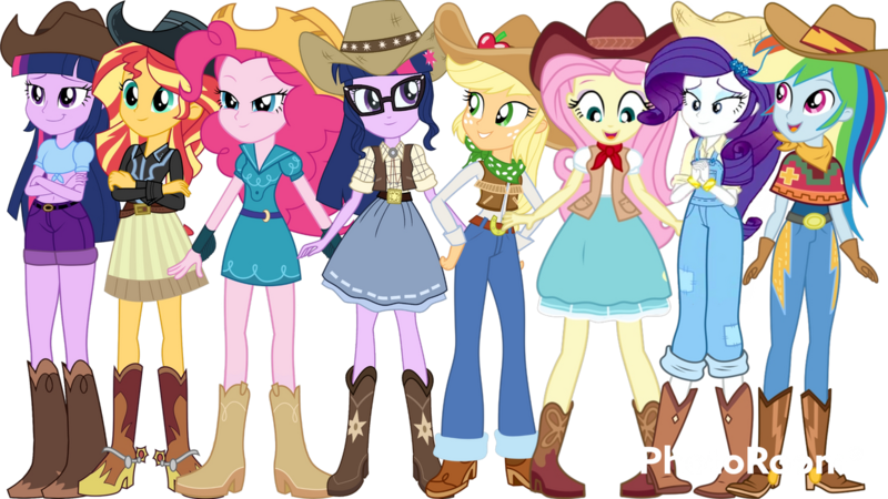 Size: 1280x720 | Tagged: safe, artist:cutler1228, derpibooru import, applejack, fluttershy, pinkie pie, rainbow dash, rarity, sci-twi, sunset shimmer, twilight sparkle, equestria girls, boots, clothes, cowboy boots, cowboy hat, cowgirl outfit, hat, humane five, humane seven, humane six, image, png, shoes, simple background, transparent background, twolight