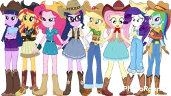 Size: 1280x720 | Tagged: safe, artist:cutler1228, derpibooru import, applejack, fluttershy, pinkie pie, rainbow dash, rarity, sci-twi, sunset shimmer, twilight sparkle, equestria girls, boots, clothes, cowboy boots, cowboy hat, cowgirl outfit, hat, humane five, humane seven, humane six, image, png, shoes, simple background, transparent background, twolight