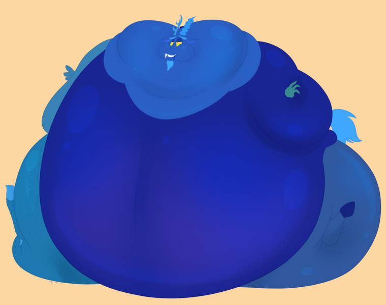 Size: 2400x1896 | Tagged: questionable, artist:necrofeline, discord, draconequus, blue eyes, blueberry inflation, charlie and the chocolate factory, fat, fatcord, image, morbidly obese, obese, png, puffy cheeks, sunken arms, sunken legs, tail, willy wonka, willy wonka and the chocolate factory