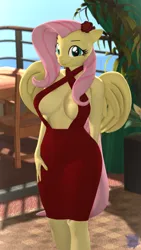 Size: 2160x3840 | Tagged: suggestive, derpibooru import, fluttershy, anthro, pegasus, 3d, absolute cleavage, balcony, breasts, busty fluttershy, cleavage, clothes, cute, dress, eyelashes, female, flower, folded wings, form fitting, formal wear, image, long nails, looking at you, png, rose, solo, source filmmaker, wings