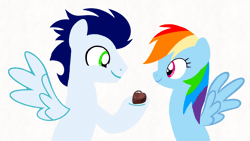 Size: 1920x1080 | Tagged: safe, artist:mlplary6, derpibooru import, rainbow dash, soarin', pegasus, pony, animated, boyfriend and girlfriend, chocolate, eating, feeding, female, food, gif, heart, image, looking at each other, looking at someone, love, male, mare, shipping, simple background, smiling, smiling at each other, soarindash, stallion, straight