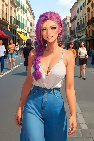 Size: 1024x1536 | Tagged: safe, derpibooru import, editor:sammykun, machine learning generated, sunny starscout, human, g5, my little pony: a new generation, ai content, barcelona, big breasts, breasts, busty sunny starscout, city, clothes, crowd, denim, europe, female, female focus, humanized, image, jeans, outdoors, palazzo jeans, pants, png, prompter:sammykun, sleeveless, sleeveless sweater, solo focus, street, sweater, tan skin, tanned