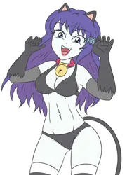 Size: 540x747 | Tagged: source needed, suggestive, artist:sumin6301, derpibooru import, rainbow dash, rarity, cat, human, equestria girls, bell, bell collar, black bra, black panties, black underwear, bra, breasts, busty rarity, cat tail, catgirl, cleavage, clothes, collar, eyebrows, eyebrows visible through hair, female, hands in the air, happy, image, jpeg, open mouth, panties, raricat, simple background, solo, solo female, stupid sexy rarity, tail, thighs, underwear, white background
