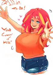 Size: 1400x2000 | Tagged: safe, artist:sozglitch, derpibooru import, sunset shimmer, human, big breasts, breasts, busty sunset shimmer, clothes, daisy dukes, dialogue, female, huge breasts, humanized, image, incoming hug, jpeg, open arms, open mouth, open smile, shorts, simple background, smiling, solo, talking to viewer, white background