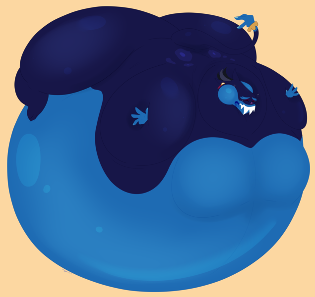 Size: 2160x2040 | Tagged: questionable, artist:necrofeline, ahuizotl, belly, big belly, blueberry inflation, blueberry juice, butt, hand tail, huge belly, huge butt, hyper, hyper belly, hyper butt, image, impossibly large belly, impossibly large butt, large butt, long tail, png, puffy cheeks, sharp teeth, sunken hands, tail, teeth, thick, thick legs, wide hips