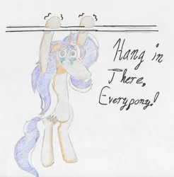 Size: 990x1007 | Tagged: safe, artist:otl crafts, derpibooru import, oc, oc:saltwater brass, pony, unicorn, crayon drawing, crying, hang in there, hanging, image, png, snoot, solo, struggling, sweat, traditional art