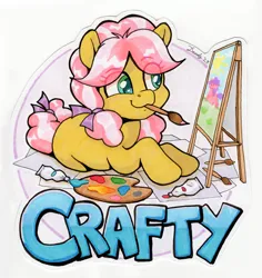 Size: 1734x1836 | Tagged: safe, artist:dandy, derpibooru import, oc, unofficial characters only, earth pony, pony, badge, con badge, copic, earth pony oc, eye clipping through hair, female, filly, foal, hair tie, image, lying down, paint, paintbrush, painting, palette, pigtails, png, solo, text, traditional art