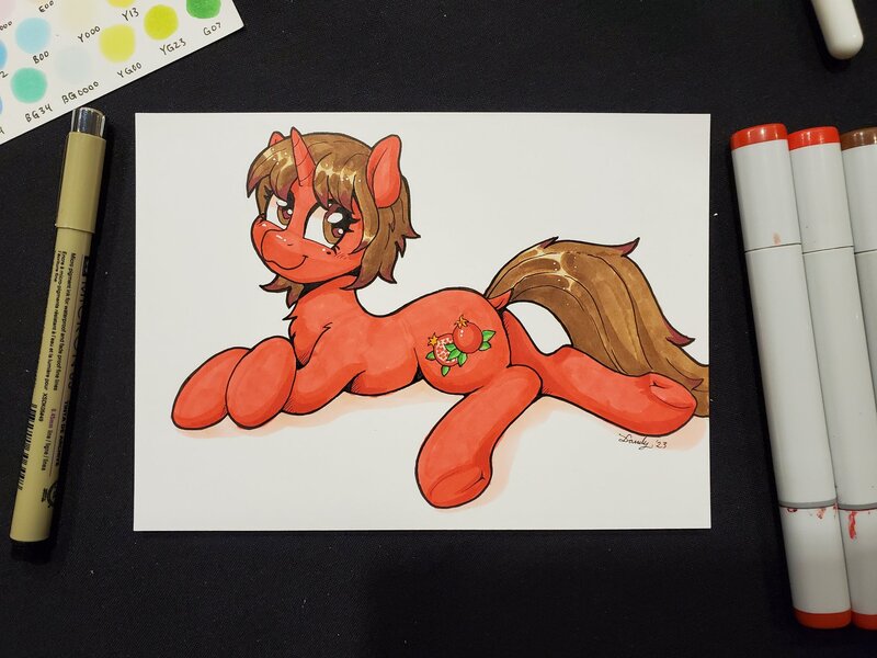 Size: 2048x1536 | Tagged: safe, artist:dandy, derpibooru import, oc, oc:granada dulce, unofficial characters only, pony, unicorn, commission, copic, female, horn, image, jpeg, looking at you, lying down, mare, smiling, traditional art, unicorn oc