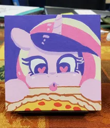 Size: 1752x2048 | Tagged: safe, artist:dandy, derpibooru import, princess cadance, pony, acrylic painting, female, food, heart, heart eyes, horn, image, jpeg, mare, peetzer, pizza, solo, tongue out, traditional art, wingding eyes