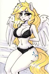 Size: 1167x1768 | Tagged: suggestive, artist:dandy, derpibooru import, oc, oc:kirarane, unofficial characters only, alicorn, anthro, absolute cleavage, alicorn oc, bed, belly button, blushing, bra, breasts, cleavage, clothes, copic, embarrassed, female, horn, image, lingerie, looking at you, panties, png, sitting, solo, solo female, traditional art, underwear, wings