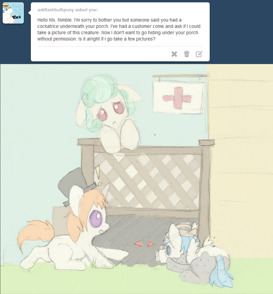 Size: 824x886 | Tagged: safe, artist:asknursenimble, derpibooru import, oc, oc:alchemy fleck, oc:flash bulb, oc:nurse nimble, cockatrice, pony, chibi, image, monochrome, png, tumblr:ask nurse nimble