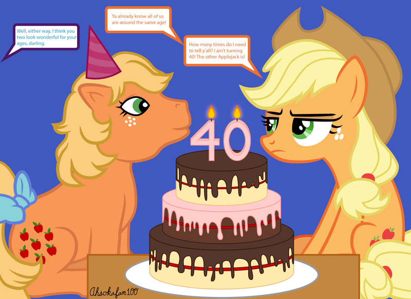 Size: 1920x1400 | Tagged: safe, artist:ahsokafan100, derpibooru import, applejack, applejack (g1), earth pony, pony, g1, 40th anniversary, anniversary, anniversary art, applejack's hat, birthday cake, birthday candles, blue background, bow, cake, candle, cowboy hat, duo, duo focus, female, food, freckles, g4, generational ponidox, hat, image, implied rarity, mare, mlp fim's thirteenth anniversary, offscreen character, party hat, png, self paradox, self ponidox, signature, silly, silly pony, simple background, sitting, speech bubble, stetson, table, tail, tail bow, talking, who's a silly pony