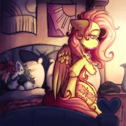 Size: 3500x3500 | Tagged: safe, artist:yumkandie, derpibooru import, fluttershy, rainbow dash, pegasus, pony, bed, bedroom, female, flutterdash, freckles, high res, image, lesbian, lying down, piercing, png, scar, shipping, sitting, sleeping