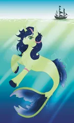 Size: 2480x4102 | Tagged: safe, artist:themstap, derpibooru import, oc, mermaid, merpony, pony, seapony (g4), unicorn, blue mane, blue tail, blushing, bubble, crepuscular rays, digital art, dorsal fin, female, fin, fish tail, flowing mane, flowing tail, green eyes, horn, image, jpeg, looking at you, mare, ocean, seaponified, smiling, smiling at you, solo, species swap, sunlight, swimming, tail, underwater, unshorn fetlocks, water