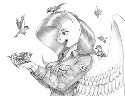 Size: 1400x1083 | Tagged: safe, artist:baron engel, derpibooru import, fluttershy, anthro, bird, pegasus, breasts, busty fluttershy, female, image, jpeg, monochrome, pencil drawing, spread wings, traditional art, wings