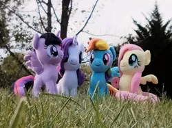Size: 3014x2260 | Tagged: safe, artist:natsnaps, derpibooru import, fluttershy, rainbow dash, rarity, twilight sparkle, alicorn, pegasus, unicorn, grass, grass field, group, group picture, group shot, image, irl, outdoors, photo, plushie, png, sky, tree