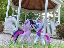 Size: 2691x2018 | Tagged: safe, artist:natsnaps, derpibooru import, rarity, twilight sparkle, alicorn, unicorn, bush, female, gazebo, horn, horns are touching, image, irl, kiss on the lips, kissing, lesbian, outdoors, photo, plushie, png, rarilight, shipping, tree