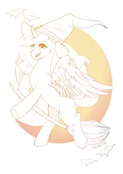 Size: 2480x3508 | Tagged: safe, artist:themstap, derpibooru import, bat, pony, any gender, any race, any species, broom, commission, digital art, halloween, hat, holiday, image, jpeg, open mouth, open smile, sketch, smiling, solo, witch, witch hat, your character here