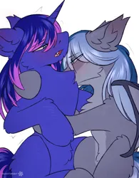 Size: 2000x2565 | Tagged: safe, artist:snowstormbat, derpibooru import, oc, oc:aphelion darkmoon, oc:midnight snowstorm, unofficial characters only, bat pony, pony, unicorn, blushing, chest fluff, couple, duo, fluffy, gay, hug, image, kissing, long hair, male, png, simple background, stallion