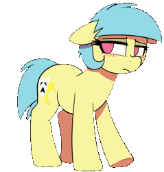 Size: 518x542 | Tagged: safe, artist:thebatfang, oc, oc:soirée, unofficial characters only, earth pony, pony, animated, awkward, blush lines, blushing, butt shake, closed mouth, dancing, earth pony oc, embarrassed, female, floppy ears, frown, gif, image, lidded eyes, looking sideways, loop, mare, mare fair, mare fair 2023, pink eyes, simple background, snowpity inc., solo, transparent background