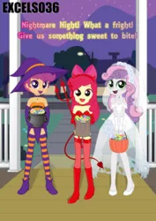 Size: 734x1034 | Tagged: safe, artist:excelso36, derpibooru import, part of a set, apple bloom, scootaloo, sweetie belle, human, equestria girls, boots, candy, clothes, corpse bride, costume, cutie mark crusaders, devil, devil horns, dress, food, halloween, halloween costume, hat, holiday, horns, humanized, image, jpeg, looking at you, makeup, shoes, socks, stockings, striped socks, thigh highs, trick or treat, wedding dress, witch, witch hat