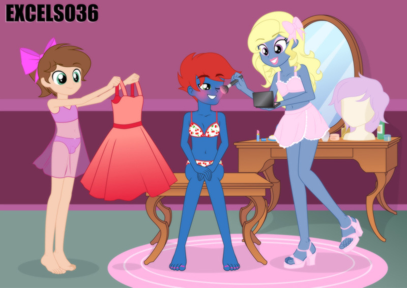 Size: 1016x719 | Tagged: questionable, artist:excelso36, derpibooru import, oc, oc:azure/sapphire, oc:train track, barefoot, clothes, dresser, feet, image, jpeg, makeup, male, male feet, nightgown, sissy, sissyfication, trap, underwear, wig