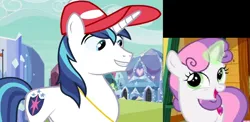 Size: 1416x691 | Tagged: safe, derpibooru import, edit, edited screencap, screencap, shining armor, sweetie belle, pony, unicorn, games ponies play, cropped, female, image, male, png, side by side, stallion, sweetie belle's cutie mark