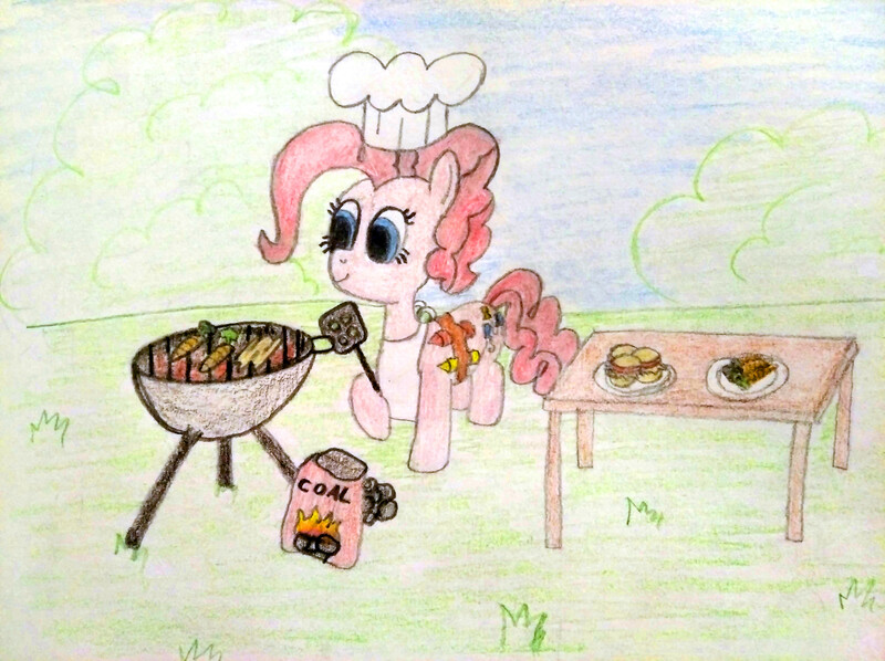 Size: 4032x3016 | Tagged: safe, artist:jakusi, ponerpics import, pinkie pie, earth pony, pony, /pnk/, apron, burger, carrot, chef's hat, clothes, coal, female, food, grass, grill, hat, hay, hay burger, image, jpeg, ketchup, mare, mustard, pinktober, plate, sauce, solo, spatula, table, traditional art