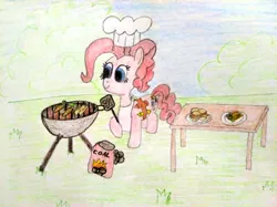 Size: 4032x3016 | Tagged: safe, artist:jakusi, ponerpics import, pinkie pie, earth pony, pony, /pnk/, apron, burger, carrot, chef's hat, clothes, coal, female, food, grass, grill, hat, hay, hay burger, image, jpeg, ketchup, mare, mustard, pinktober, plate, sauce, solo, spatula, table, traditional art