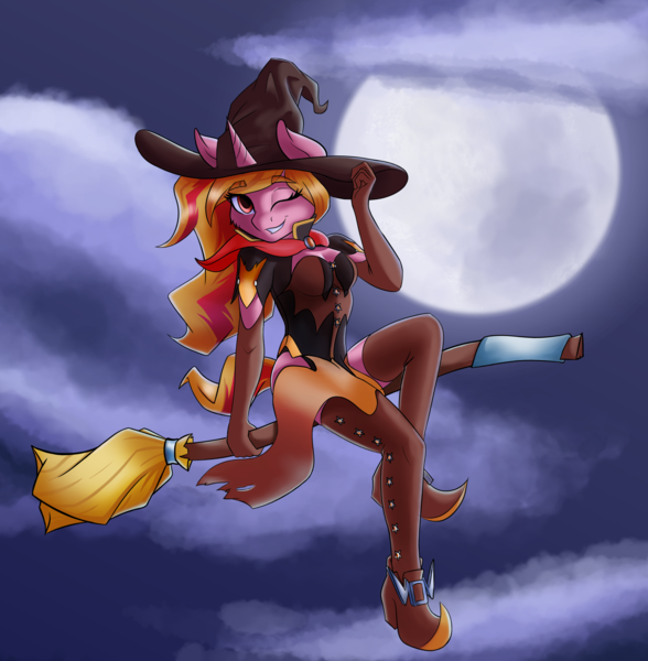 Size: 2384x2432 | Tagged: safe, artist:qbellas, derpibooru import, oc, unofficial characters only, anthro, unicorn, anthro oc, boots, broom, cape, clothes, female, image, looking at you, moon, png, shoes, solo, witch