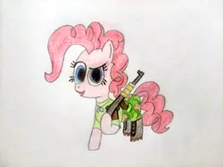 Size: 4032x3016 | Tagged: safe, artist:jakusi, ponerpics import, pinkie pie, earth pony, pony, /pnk/, boots, camouflage, clothes, dog tags, female, gun, image, jpeg, looking at you, mare, military, military uniform, pinktober, rifle, shoes, soldier, solo, traditional art, weapon