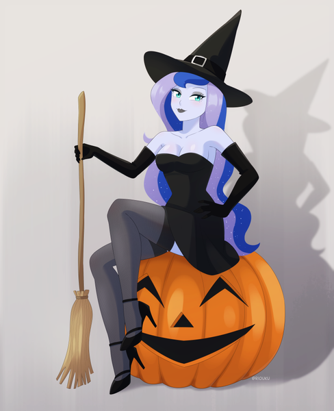 Size: 813x1000 | Tagged: safe, artist:riouku, derpibooru import, princess luna, human, equestria girls, breasts, broom, buckle, busty princess luna, carving, cleavage, clothes, eyeshadow, female, gray background, hat, high heels, image, looking at you, makeup, nylon, png, pumpkin, shoes, simple background, smiling, smiling at you, socks, solo, thigh highs, vice principal luna, witch, witch costume, witch hat