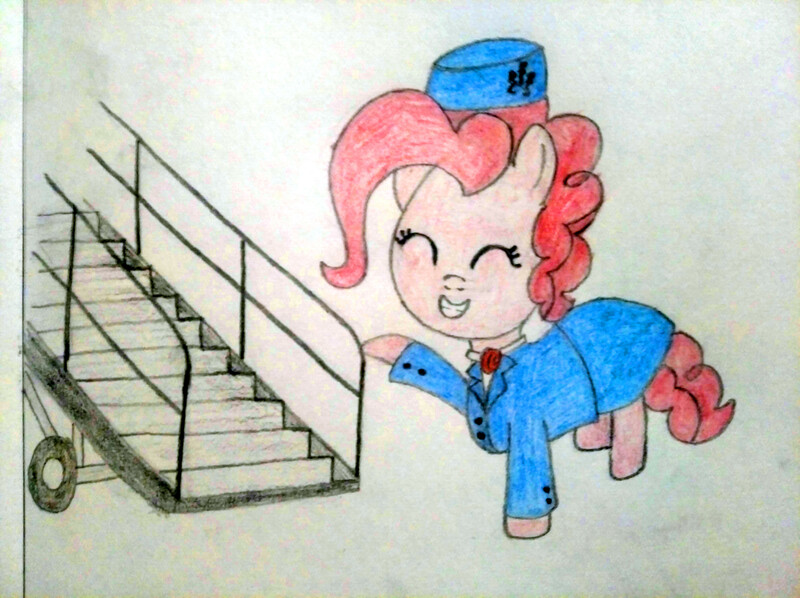 Size: 4032x3016 | Tagged: safe, artist:jakusi, ponerpics import, pinkie pie, earth pony, pony, /pnk/, clothes, eyes closed, female, flight attendant, hat, image, jpeg, mare, necktie, pinktober, pointing, skirt, smiling, solo, stairs, stewardess, traditional art, uniform