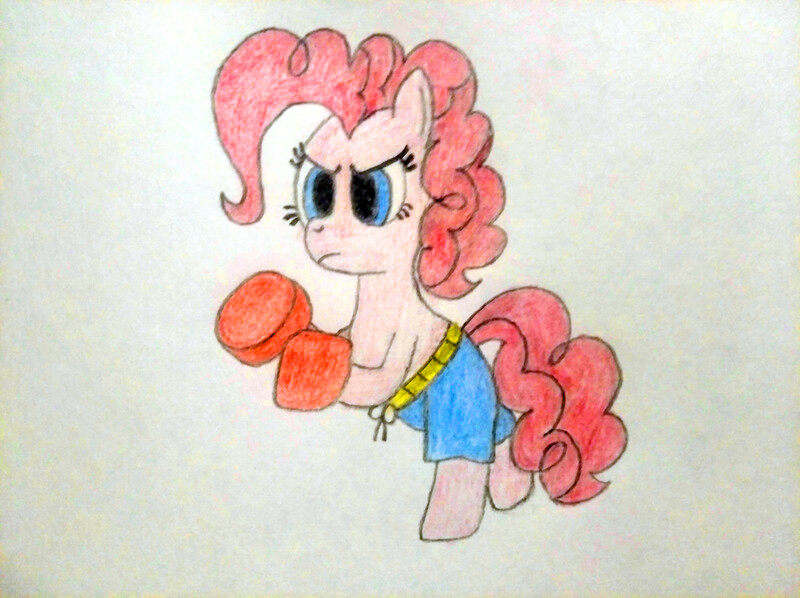 Size: 4032x3016 | Tagged: safe, artist:jakusi, ponerpics import, pinkie pie, earth pony, pony, /pnk/, boxer, boxers, boxing gloves, boxing shorts, clothes, female, image, jpeg, mare, pinktober, solo, traditional art, underwear