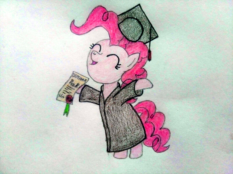 Size: 4032x3016 | Tagged: safe, artist:jakusi, ponerpics import, pinkie pie, earth pony, pony, seal, /pnk/, certificate, diploma, eyes closed, female, graduation, graduation cap, graduation gown, happy, hat, image, jpeg, mare, pinktober, solo, traditional art