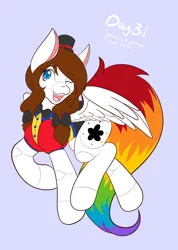 Size: 1462x2048 | Tagged: safe, artist:mscolorsplash, derpibooru import, oc, oc:color splash, unofficial characters only, pegasus, pony, blue background, bowtie, clothes, costume, female, hat, image, mare, nightmare night costume, one eye closed, open mouth, open smile, png, ponytober, simple background, smiling, solo, top hat