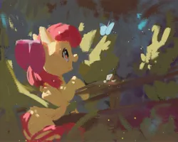 Size: 4096x3273 | Tagged: safe, artist:inkhooves, derpibooru import, apple bloom, butterfly, earth pony, insect, pony, bow, female, filly, foal, hair bow, image, jpeg, solo