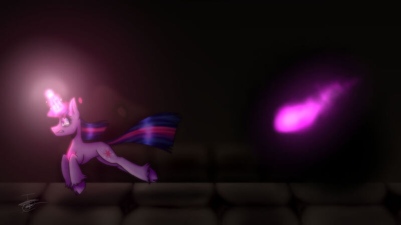 Size: 1280x720 | Tagged: safe, artist:isidoratubby, derpibooru import, twilight sparkle, demon, pony, unicorn, bricks, chase, dark, dark magic, dungeon, duo, entity, eye mist, fan game, female, glow, glowing eyes, glowing eyes of doom, glowing horn, horn, image, jpeg, leaping, magic, not king sombra, not sombra, not umbrum, running, scared, shadow creature, signature, twilight escape, twilight's escape, unicorn twilight