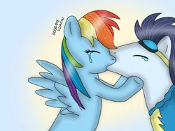 Size: 960x720 | Tagged: safe, artist:dasher666, artist:rd97, derpibooru import, edit, rainbow dash, soarin', pegasus, pony, crying, eyes closed, female, image, kiss on the lips, kissing, male, mare, png, shipping, soarindash, stallion, straight