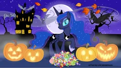 Size: 5360x3015 | Tagged: safe, artist:andoanimalia, derpibooru import, princess luna, raven, bat, fruit bat, vampire fruit bat, candy, food, halloween, holiday, image, jack-o-lantern, leaves, moon, nightmare night, png, pumpkin