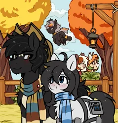 Size: 1331x1392 | Tagged: safe, artist:stablegrass, derpibooru import, oc, oc:autumn harvest, oc:milly, oc:peppercorn, oc:stable, bat pony, earth pony, pony, pony town, ahoge, background, blushing, bush, buttons, choker, clothes, cloud, coat markings, collar, cowboy, cowboy hat, exosuit, female, fence, flying, hat, heart monitor, image, lantern, looking up, male, mare, markings, pins, png, scarf, sky, socks (coat marking), stallion, standing, tree, walking
