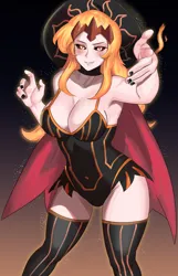Size: 2640x4096 | Tagged: safe, artist:tzc, derpibooru import, daybreaker, human, alternate hairstyle, bedroom eyes, blushing, cape, choker, clothes, costume, dress, grin, halloween, halloween costume, hat, holiday, humanized, image, jpeg, nail polish, smiling, socks, solo, stockings, thigh highs, witch, witch costume, witch hat