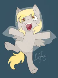 Size: 1183x1577 | Tagged: safe, artist:emptygoldstudio, derpibooru import, derpy hooves, pegasus, pony, bipedal, blue background, clothes, costume, cute, derpabetes, female, ghost costume, halloween, halloween costume, holiday, image, looking at you, mare, open mouth, open smile, png, simple background, smiling, solo, spread hooves, standing, standing on one leg