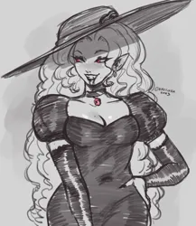 Size: 1523x1754 | Tagged: safe, artist:nire, derpibooru import, adagio dazzle, undead, vampire, equestria girls, blood, breasts, cleavage, clothes, dress, evening gloves, eyeshadow, gloves, hat, image, lipstick, long gloves, makeup, monochrome, nail polish, png, sketch, smiling