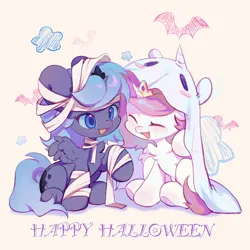 Size: 2100x2100 | Tagged: safe, artist:不可食用骨, derpibooru import, princess celestia, princess luna, alicorn, pony, clothes, costume, crown, fangs, female, filly, foal, ghost costume, halloween, halloween costume, happy halloween, holiday, image, jewelry, mummy costume, png, regalia, siblings, sisters, text, woona, younger