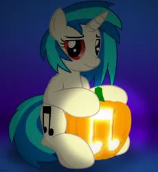 Size: 6078x6600 | Tagged: safe, artist:agkandphotomaker2000, derpibooru import, vinyl scratch, pony, unicorn, halloween, halloween 2023, holiday, image, light, looking at you, nightmare night, png, pumpkin, pumpkin carving, red eyes, show accurate, simple background, solo