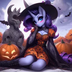 Size: 1024x1024 | Tagged: safe, derpibooru import, machine learning generated, rarity, anthro, bat, ai content, blushing, boots, breasts, cleavage, clothes, cloud, dress, generator:dall-e 3, gloves, halloween, high heel boots, high heels, holiday, image, jack-o-lantern, jpeg, lace, moon, pumpkin, shoes, statue, witch