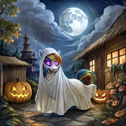 Size: 4096x4096 | Tagged: safe, derpibooru import, machine learning generated, stable diffusion, rainbow dash, pegasus, pony, ai content, clothes, cloud, costume, female, generator:easyfluff v11.2, ghost costume, halloween, halloween costume, holiday, image, jack-o-lantern, mare, mask, moon, night, night sky, nightmare night, png, ponyville, prompter:ada, pumpkin, sky, town hall
