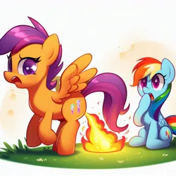 Size: 1024x1024 | Tagged: safe, derpibooru import, machine learning generated, rainbow dash, scootaloo, pegasus, pony, ai content, duo, female, fire, generator:dall-e 3, grass, ignition, image, jpeg, mare, pissing, prompter:nebbie, urine